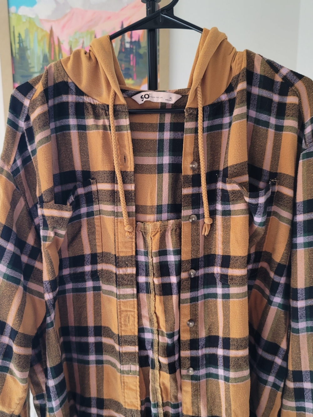 Plaid Flannel Hoodie Mustard Black 90s Grunge Streetwear Women's Size XL - Picture 3 of 9